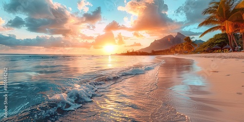Tourism background with Fantastic Sunrise Beach in Mauritius. photo