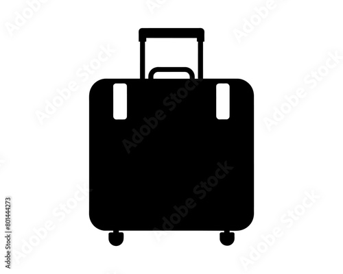 Black rolling suitcase silhouette isolated on white backdrop. Silhouette of a wheeled luggage bag. Concept of travel, tourism, vacation, business trips, and luggage portability. Graphic illustration