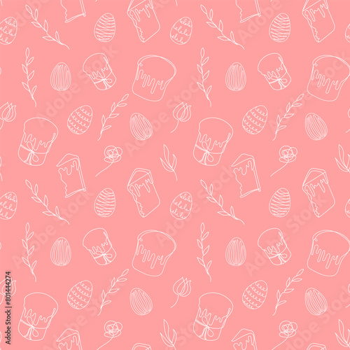 Seamless pattern of Easter eggs, Easter Kulich cakes and floral elements. Continuous one line drawing. Red backdrop. Festive design. Easter decoration, wrapping paper, greeting, textile, print