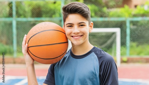  A teen boy in athletic wear confidently holding a basketball on an outdoor court