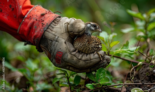 A gloved hand holds a quail while hunting at a plantation