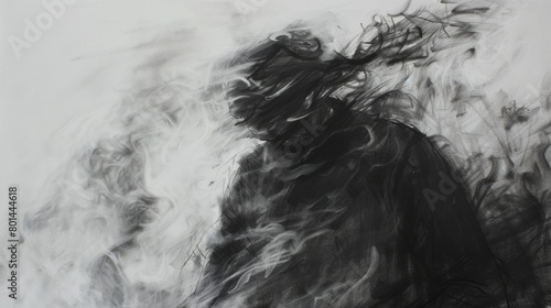 A lifelike charcoal sketch of a figure shrouded in billowing smoke, evoking a sense of mystery and intrigue.