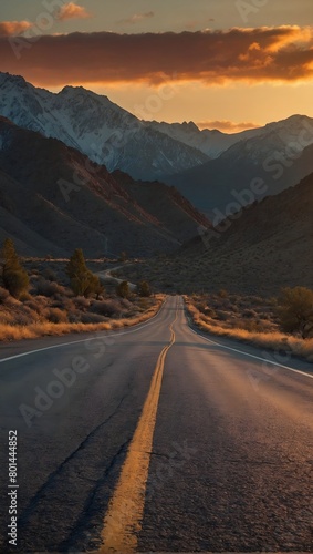 Sunset on empty road with mountains