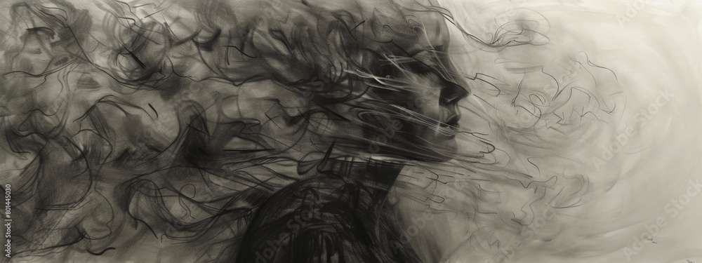 A lifelike charcoal sketch of a figure shrouded in billowing smoke, evoking a sense of mystery and intrigue.