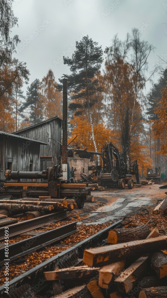 Sawmill, sawmill buildings with equipment with logs in the forest Sawmill, sawmill buildings with equipment with logs in the forest