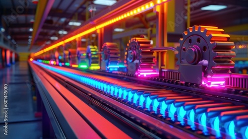 Colorful Lighting on a HighTech Production Machine A Modern Industrial Gear System