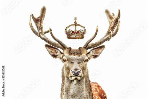 A majestic deer adorned with a regal crown  depicted in an elegant illustration against a clean white backdrop.