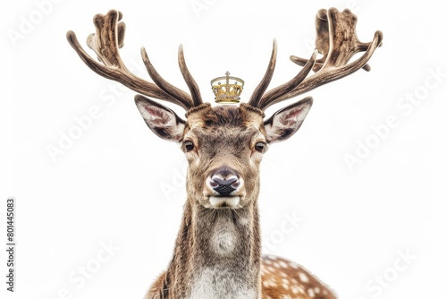 An elegant deer adorned with a majestic crown stands against a pristine white backdrop.