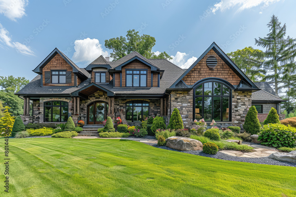 photo of beautiful home in the western United States, stone and wood exterior with large windows. Created with Ai