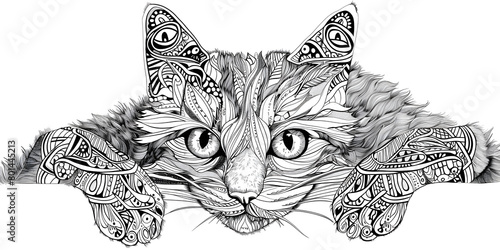 Cat head in mandala style ,Beautiful cat illustration for coloring book intricate ink lines black and white. © Rabia