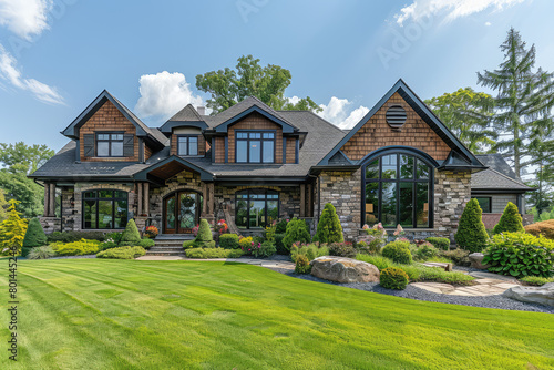 photo of beautiful home in the western United States, stone and wood exterior with large windows. Created with Ai