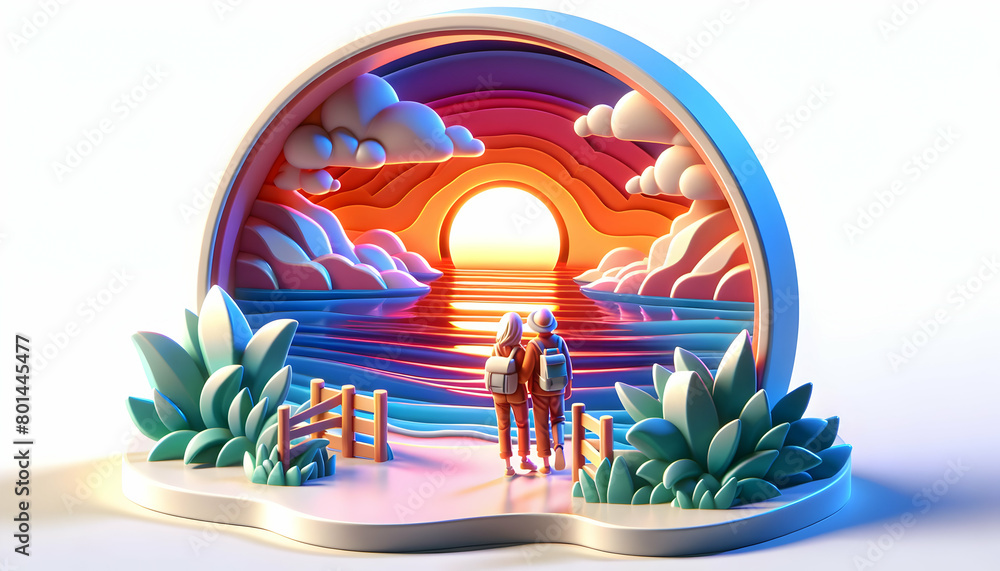 3D Cartoon Sunset Haven Icon: A Couple Finding Tranquility in a Secluded Paradise as the Sun Sets in Vibrant Colors