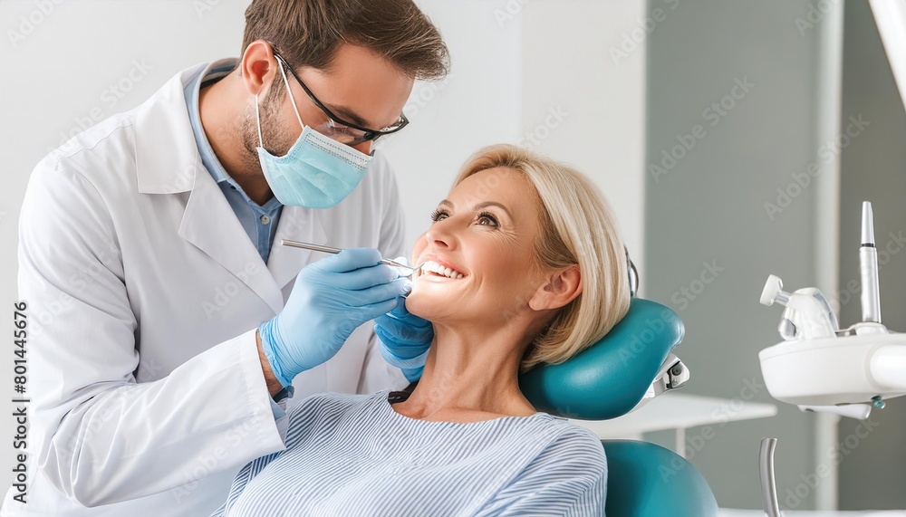 woman sitting in dental chair while professional doctor fixing her teeth woman sitting in dental chair while professional doctor fixing her teeth