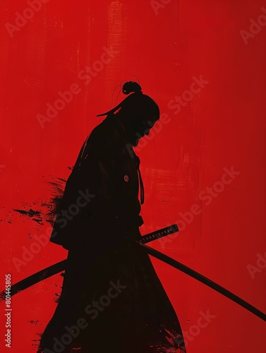 Crimson Silhouette Samurai Warrior in Focus against a Bold Backdrop