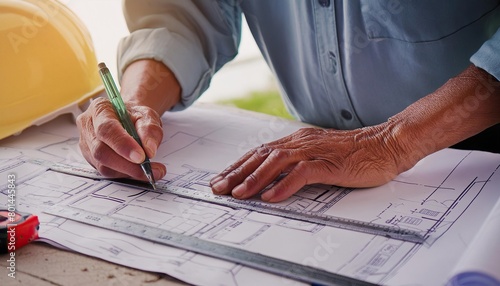  Architect marking blueprints for home renovation project