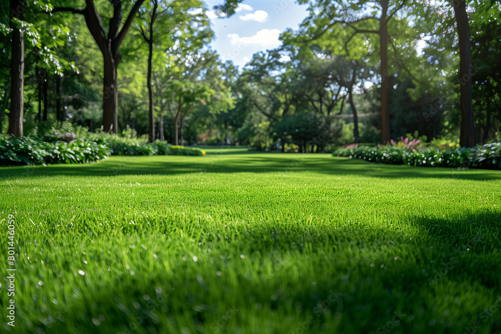 Fototapeta premium Beautiful landscaped garden with grass and trees