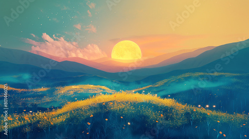 Encounter a sunrise gradient vista bursting with vitality, where golden yellows flow into midnight blues, forming an energetic backdrop for visual elements.