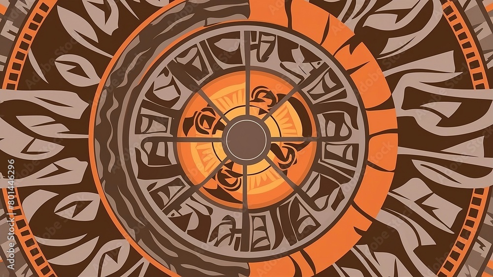 Abstract background with a mix of New Zealand Maori Art and Mexican Pre-Columbian Art, brown, dark orange and grey colors.