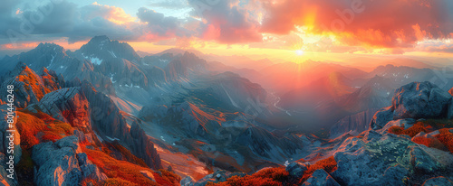 panoramic view of the Dolomites at sunrise, breathtaking landscape, epic view of mountains, rocks. Created with Ai