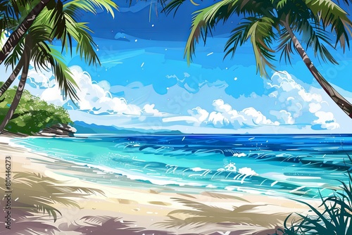Tropical Beach Scene  Perfect for travel agencies  resorts  and tourism websites. Features palm trees  white sand  and vibrant blue ocean  inviting viewers to paradise. Generative AI.
