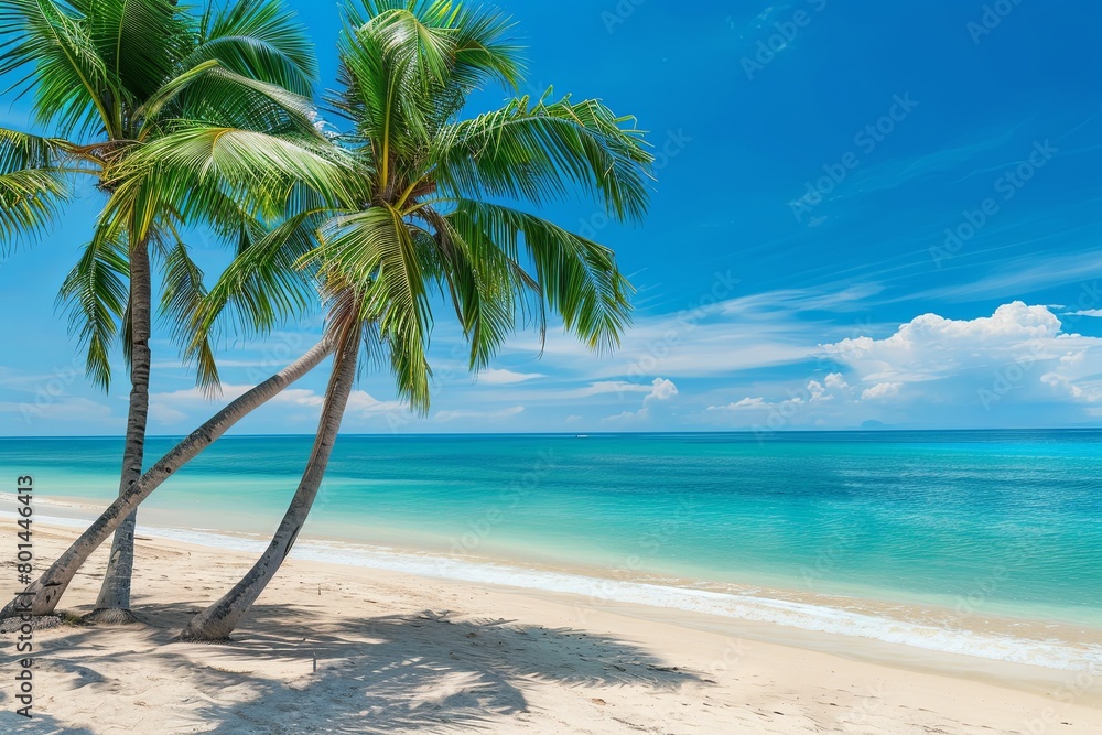Obraz premium Tropical beach scene with palms and blue ocean. Perfect for travel agencies, resorts, and tourism websites. Features white sand and vibrant blue waters. Generative AI.