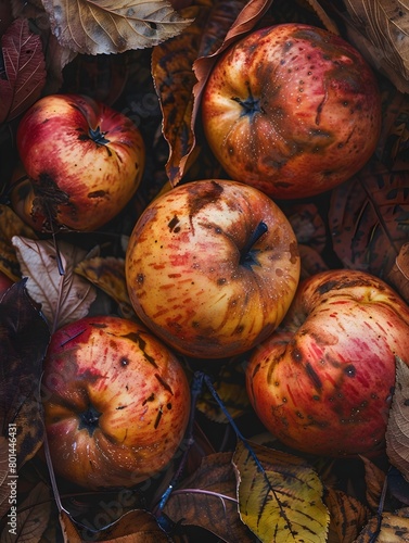Autumn's Bounty: A Close-up Study of Decaying Apples Amidst Fallen Leaves photo