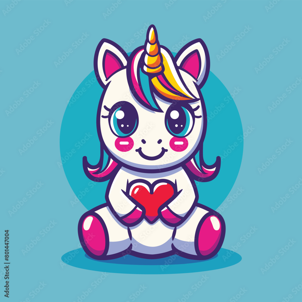 Fototapeta premium Cute kawaii unicorn holding red heart flat vector illustration