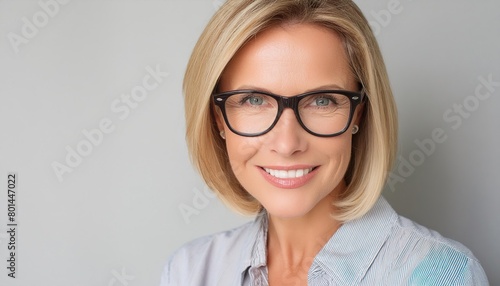 middle aged stylish woman wearing eyeglasses smiling isolated over light gray background