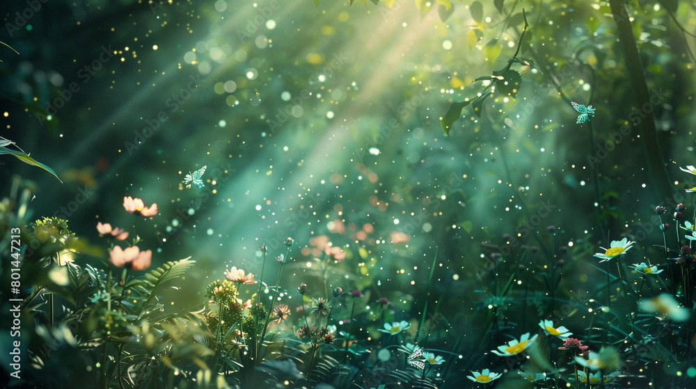 Enchanted garden with sparkling emerald particles dancing amidst a softly blurred setting, evoking a sense of magic and wonder amidst the lush foliage and flowers.