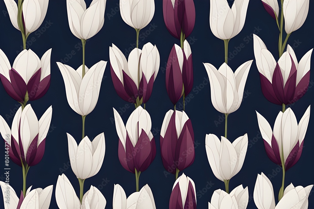 Floral wallpaper with elegant tulips arranged in a modern geometric pattern against a deep navy blue background