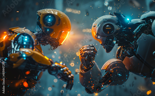 Futuristic Robots Interacting in a Rainy Scene. Dramatic close-up of two advanced robots with glowing features interacting amidst raindrops, emphasizing high-tech artificial intelligence.