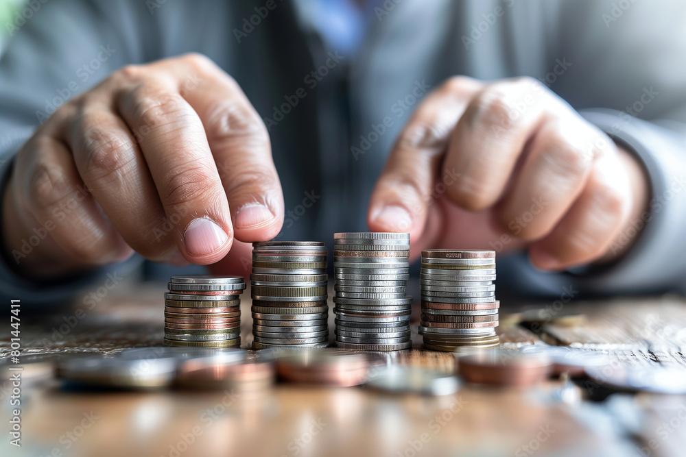 Close-up of businessman hand stacking coins on wooden table. Business and finance concept Close-up of businessman hand stacking coins on wooden table. Business and finance concept