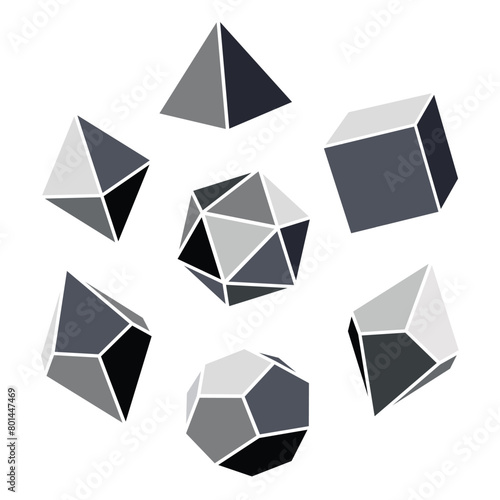 Vector illustration of grayscale dice for DND role playing games with four, six, eight, twelve and twenty sides. Dice for the game Dungeons and Dragons in grayscale on white background.