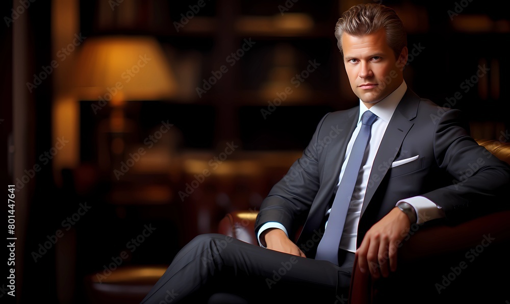 Well-dressed businessman exudes confidence and leadership while seated comfortably in a luxurious, dimly-lit office, portraying success, professionalism, and corporate prestige Well-dressed businessman exudes confidence and leadership while seated comfortably in a luxurious, dimly-lit office, portraying success, professionalism, and corporate prestige