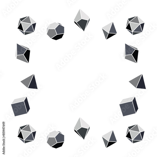 Square grayscale dice frame for DND RPGs with four, six, eight, twelve and twenty sides. Dungeons and Dragons dice in grayscale on a white background.