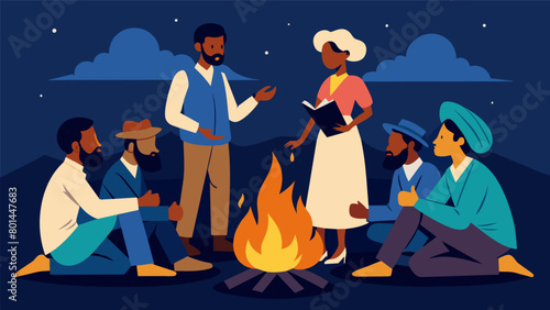 A group of actors portraying former slaves sit around a fire sharing their stories of liberation and the challenges they faced during Reconstruction. Vector illustration