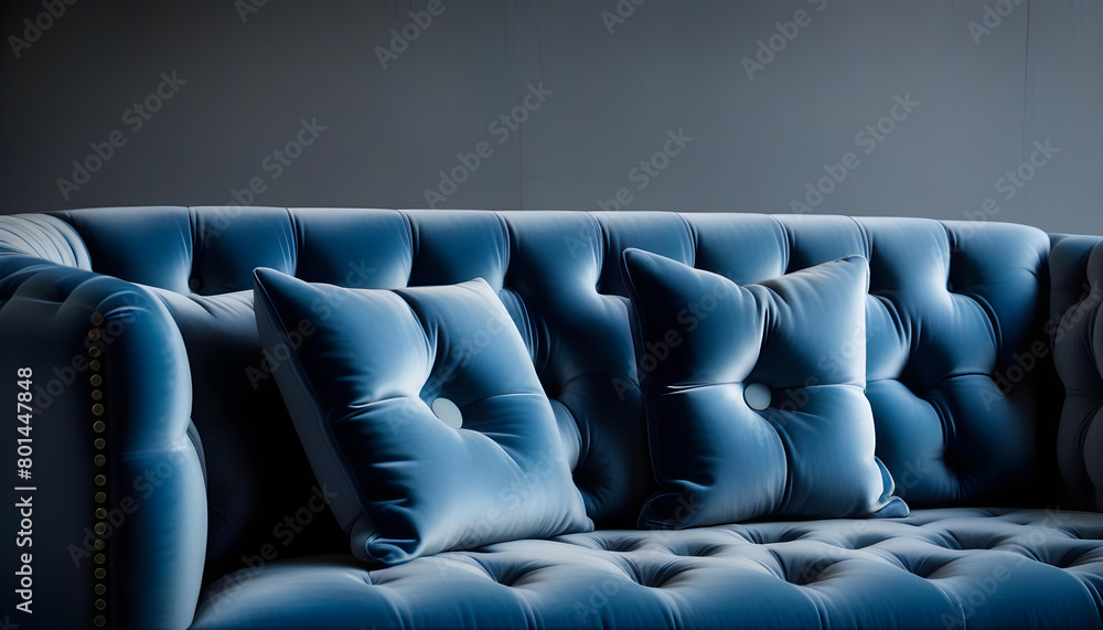 Obraz premium A blue velvet sofa with a gray cushion and sunken buttons, giving it a modern and luxurious look