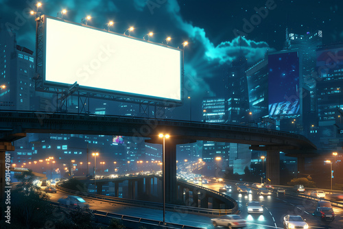 Blank billboard on the road at night with cityscape background