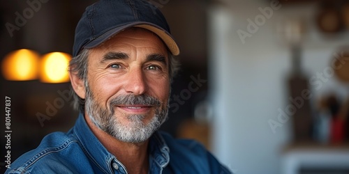 A mature, bearded Caucasian man, exuding confidence, wears a satisfied smile in a close-up portrait.