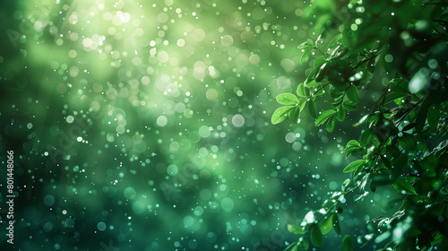 Emerald green particles shimmer amidst a blurred backdrop, evoking the lush tranquility of a secluded forest.