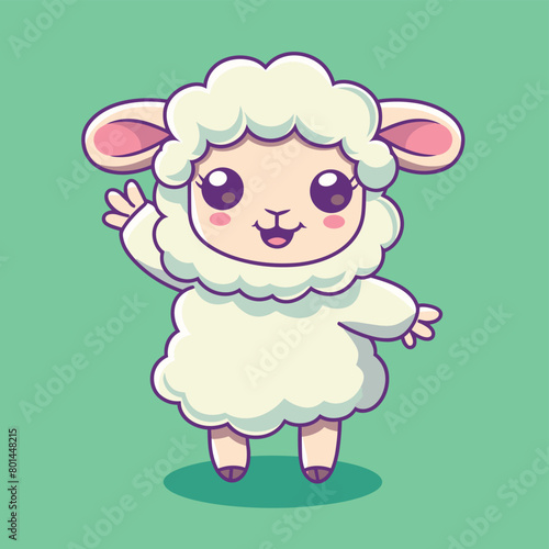 Cute sheep cartoon character waving hand flat vector graphics