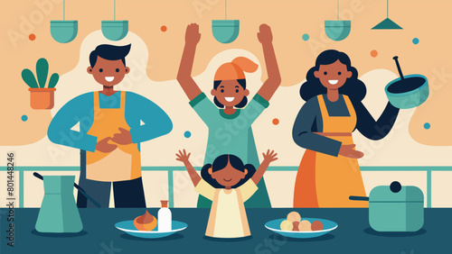 A kitchen turned into a makeshift storytelling stage with pots and pans serving as makeshift drums as the family claps and cheers for their ancestors. Vector illustration