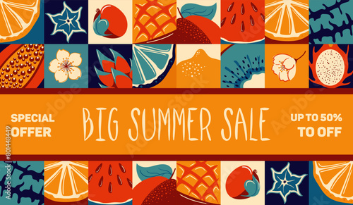 Big summer sale. Horizontal banner in vintage style. Tropical exotic fruits. Retro design. lemon and lime, watermelon, pitahaya, star fruit, papaya, mango kiwi. For advertising, website, poster, flyer