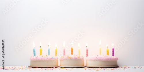 White background with birthday cake with candles pastel backdrop empty blank copyspace for design text photo website web banner backdrop texture 