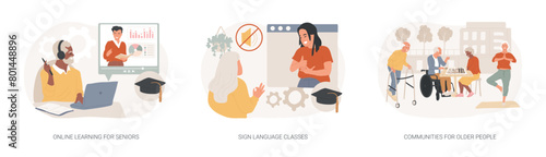 Senior community and education isolated concept vector illustration set.