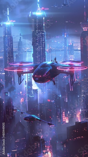 Futuristic future city with flying passenger drone, aerial view of flying drone