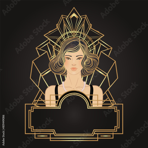 Retro fashion, glamour girl of twenties. Asian pretty woman. Vector illustration. Flapper 20s style. Vintage party invitation design template. Fancy asian lady.