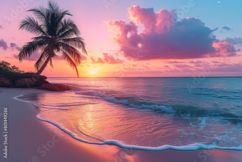 A breathtaking sunrise over a tropical beach paradise, with palm trees silhouetted against the colorful sky.