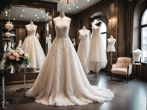  A beautiful, stylish wedding dress or bridal dress hanging on a mannequin in a luxury boutique. Fashion look. Interior of bridal salon design. 