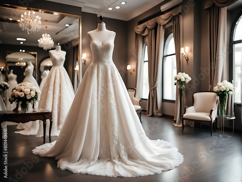  A beautiful, stylish wedding dress or bridal dress hanging on a mannequin in a luxury boutique. Fashion look. Interior of bridal salon design. 